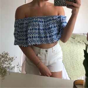 dylan Blue Patterned Off-Shoulder Smocked Crop Top